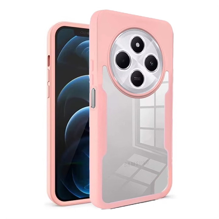 Husa 360 grade compatibila cu Xiaomi Redmi 14C, Cu protector de ecran inclus, Rezistenta la socuri, Anti-ingalbenire, Anti-zgarieturi, Durabila, Margini inaltate de 3mm, Roz/Transparent