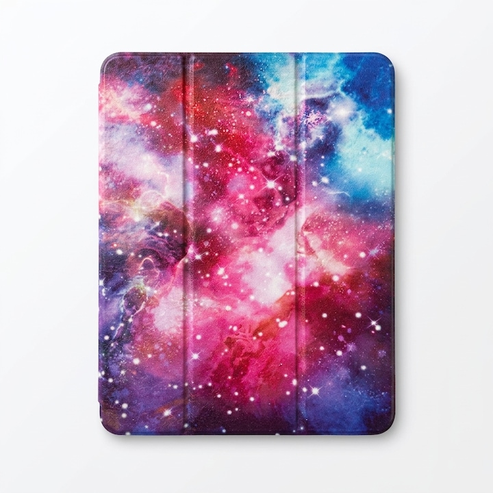 Husa tip carte pentru iPad Pro 11 inch, model galaxie, spate rigid, slot creion, mov cu rosu