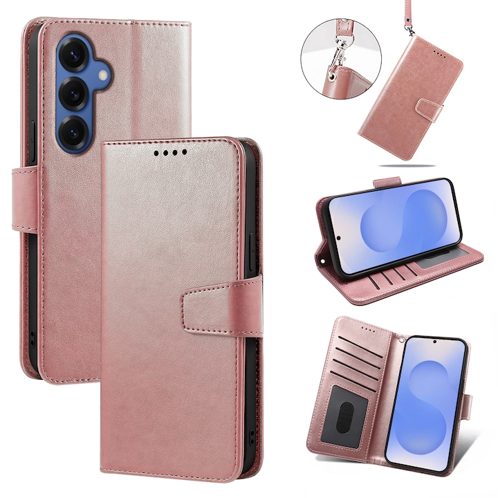 Husa pentru Samsung Galaxy S25, Omelivon, piele fina, Diary Book, tip carte, cu Portofel Interior, stand, Inchidere Magnetica, Antisoc, Roz