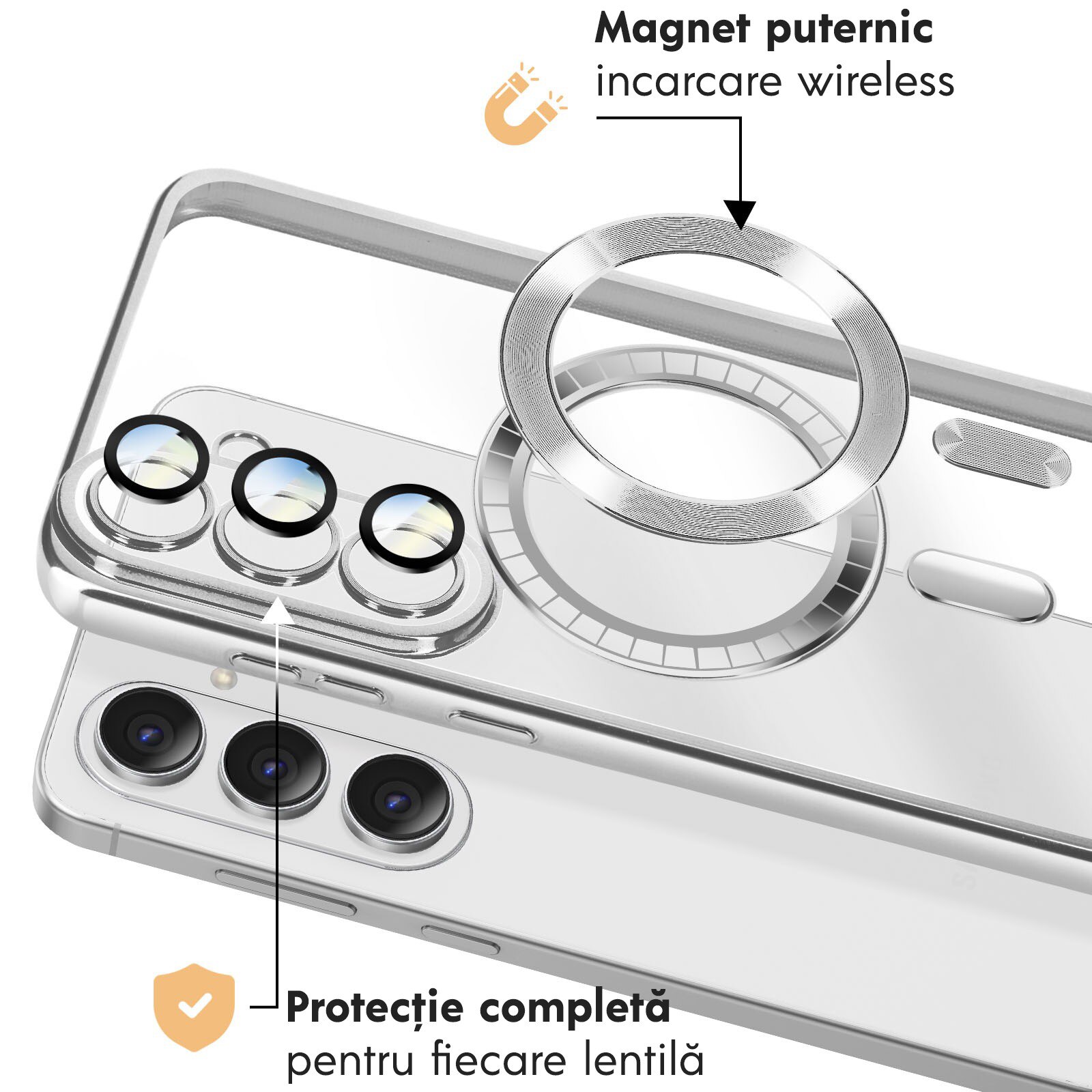 Husa pentru Samsung Galaxy A57 5G Daden® Magsafe Luxury compatibil cu protectie camera, Ultra Protectie, Transparenta cu margini argintii