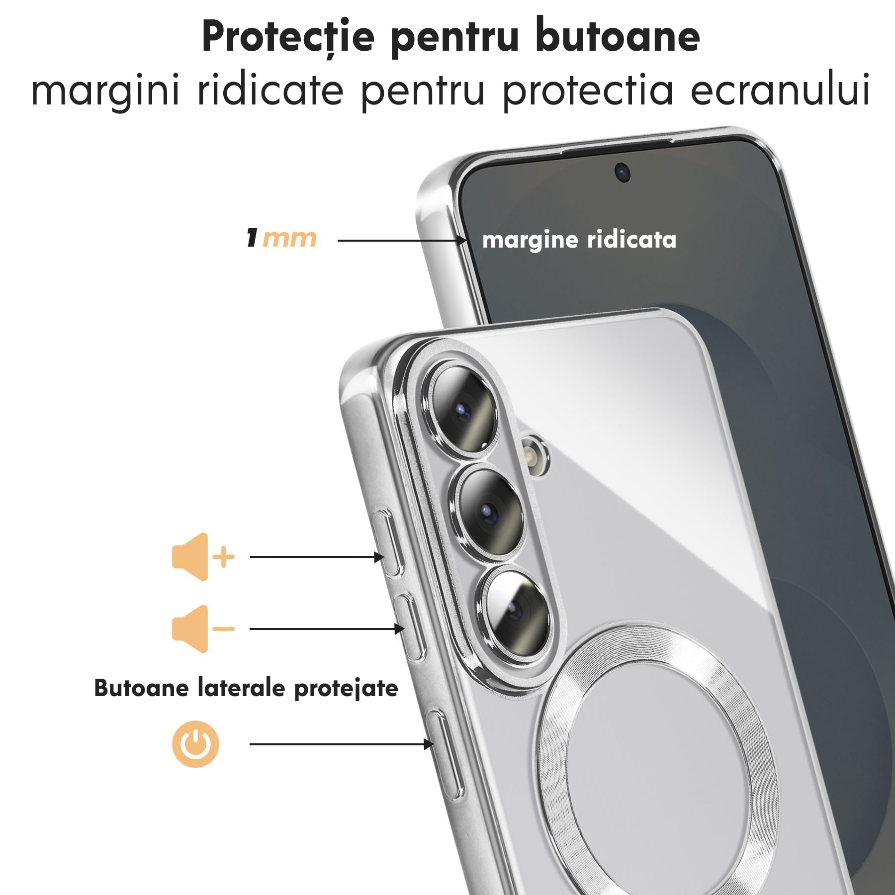 Husa pentru Samsung Galaxy A57 5G Daden® Magsafe Luxury compatibil cu protectie camera, Ultra Protectie, Transparenta cu margini argintii