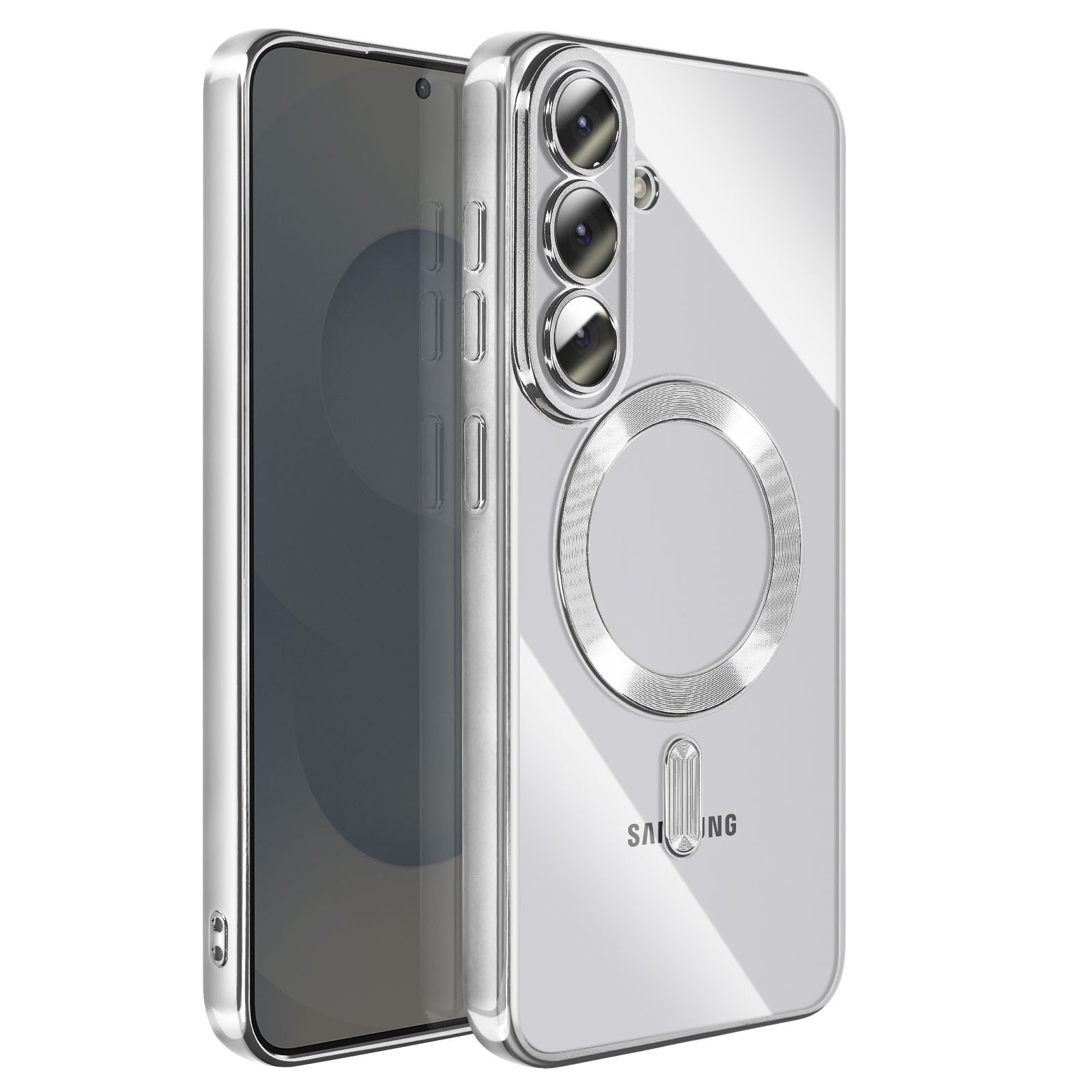 Husa pentru Samsung Galaxy A57 5G Daden® Magsafe Luxury compatibil cu protectie camera, Ultra Protectie, Transparenta cu margini argintii