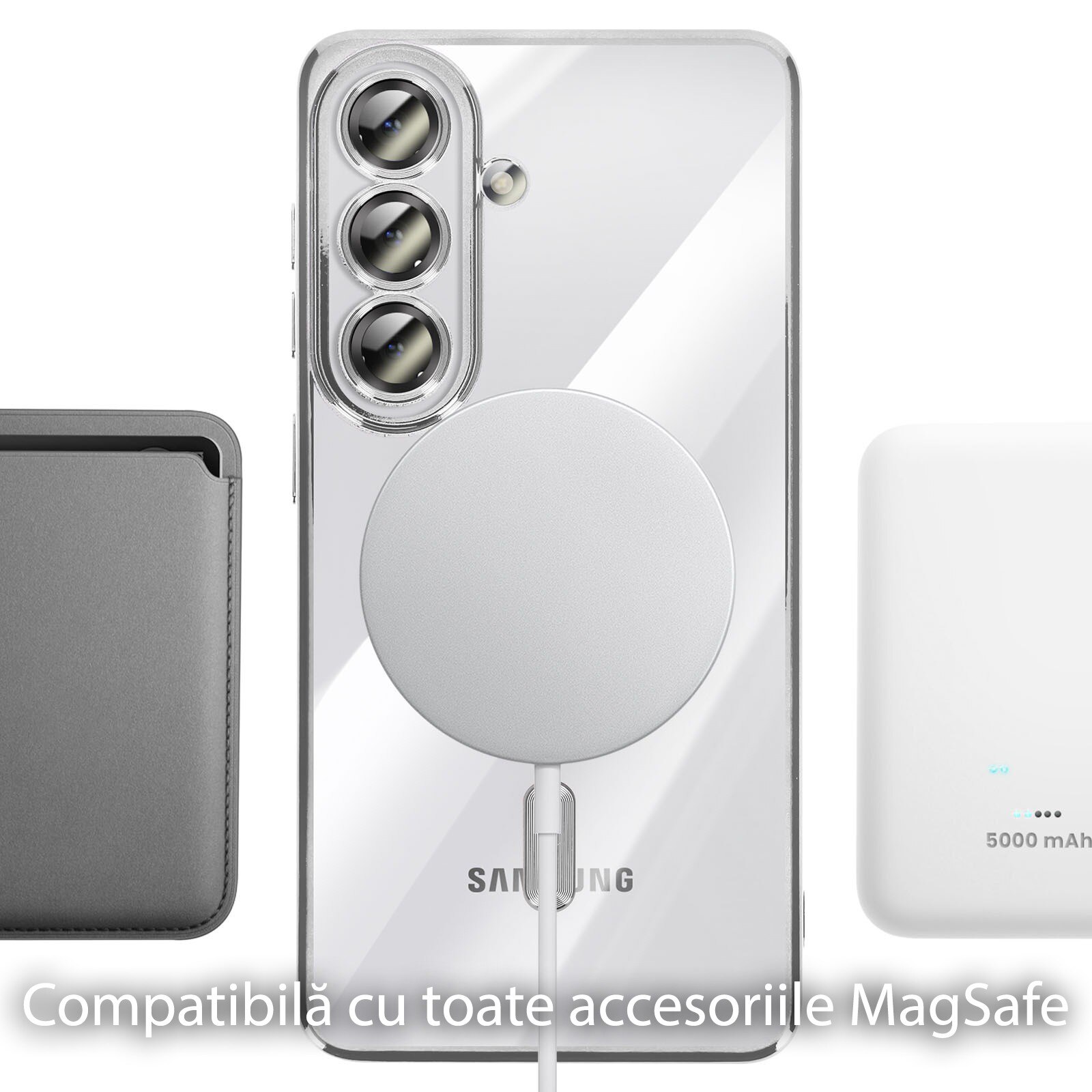 Husa pentru Samsung Galaxy A57 5G Daden® Magsafe Luxury compatibil cu protectie camera, Ultra Protectie, Transparenta cu margini argintii