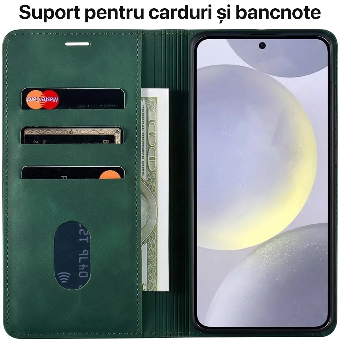 Husa pentru Xiaomi Redmi Note 14 Pro 5G Daden® Flip Leather Deluxe, Antisoc, Inchidere magnetica, Buzunar card, Calitate Premium, Verde
