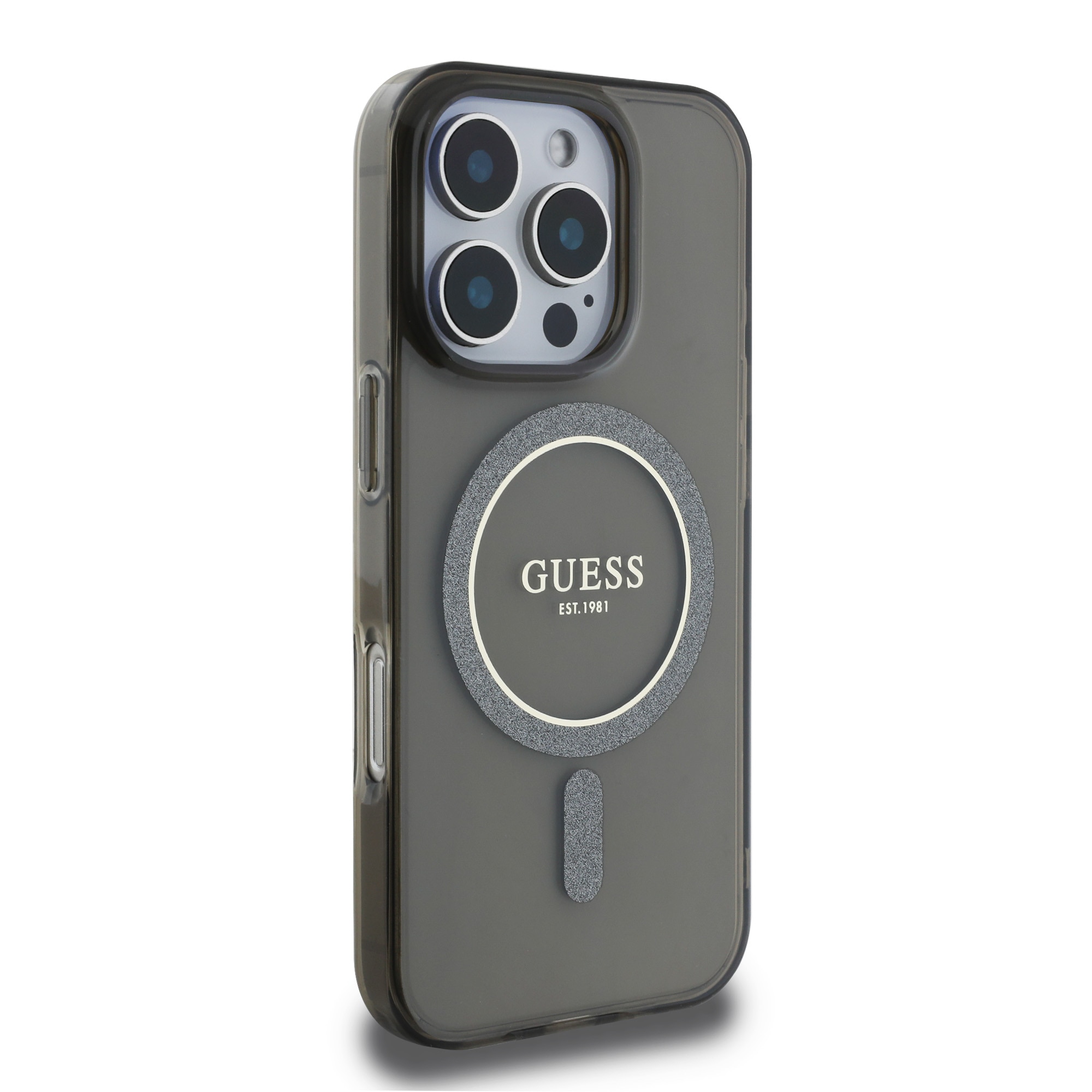 Husa de protectie Guess IML Glitter Ring MagSafe pentru iPhone 16 Pro, Negru