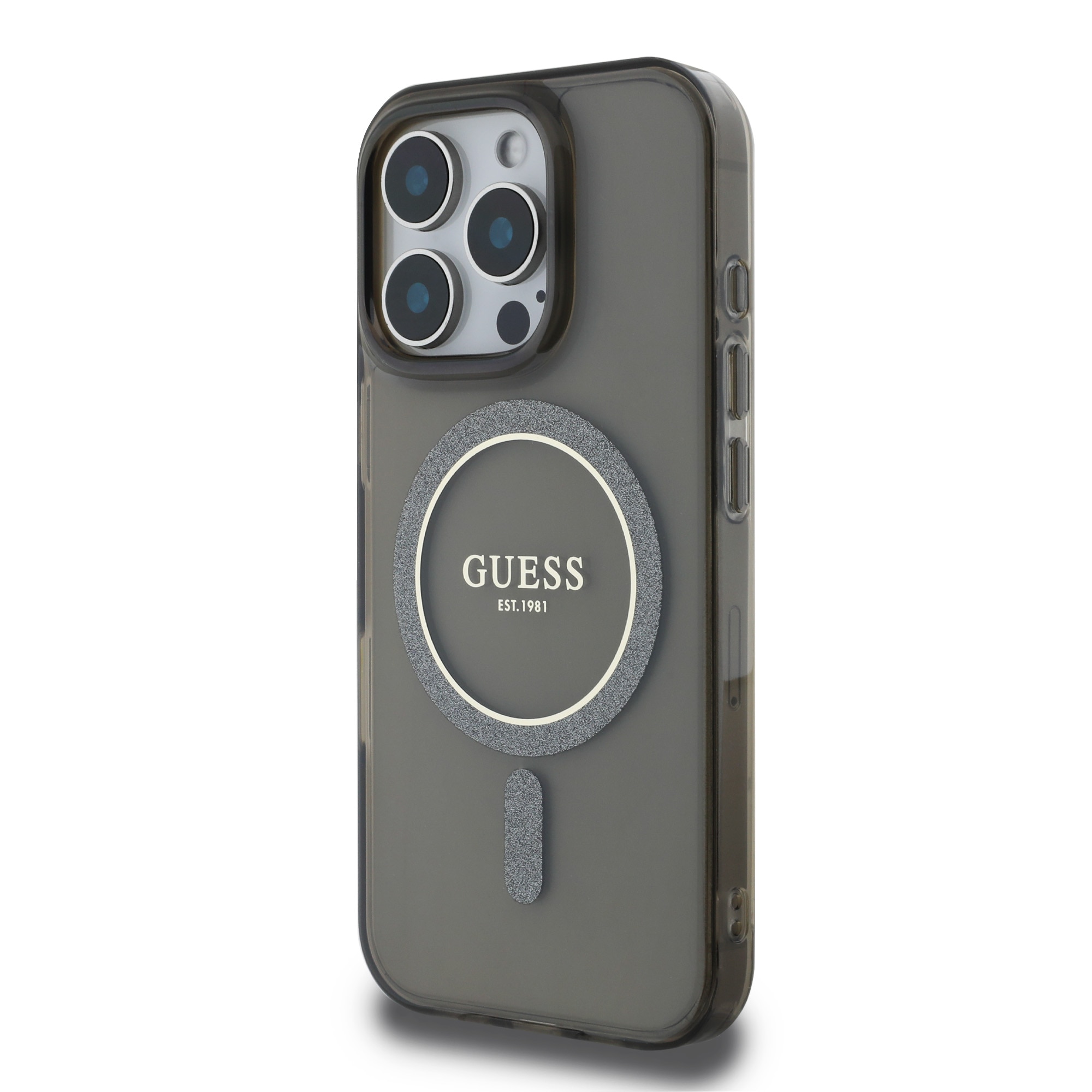 Husa de protectie Guess IML Glitter Ring MagSafe pentru iPhone 16 Pro, Negru