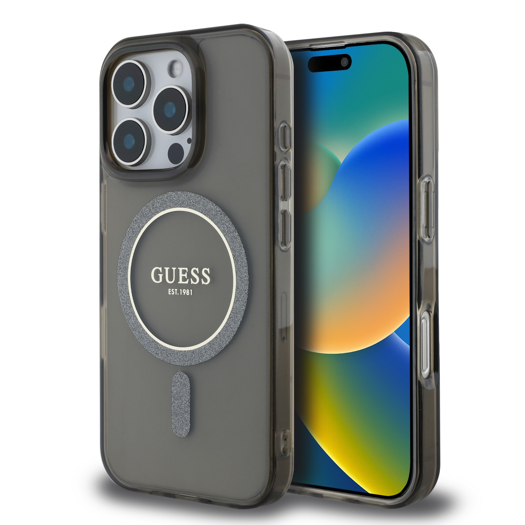 Husa de protectie Guess IML Glitter Ring MagSafe pentru iPhone 16 Pro, Negru