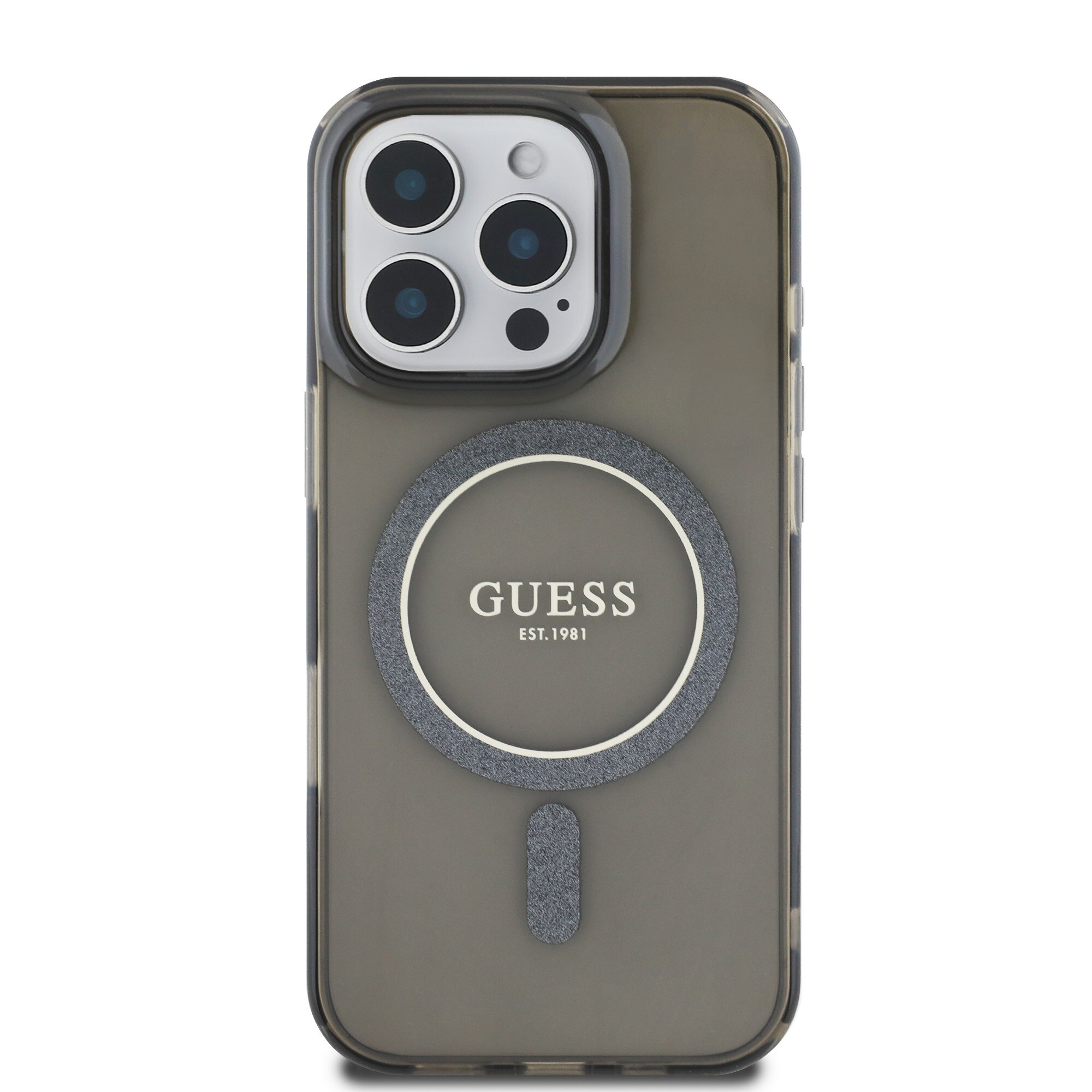 Husa de protectie Guess IML Glitter Ring MagSafe pentru iPhone 16 Pro, Negru