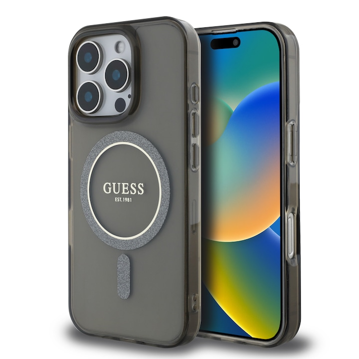 Husa de protectie Guess IML Glitter Ring MagSafe pentru iPhone 16 Pro, Negru
