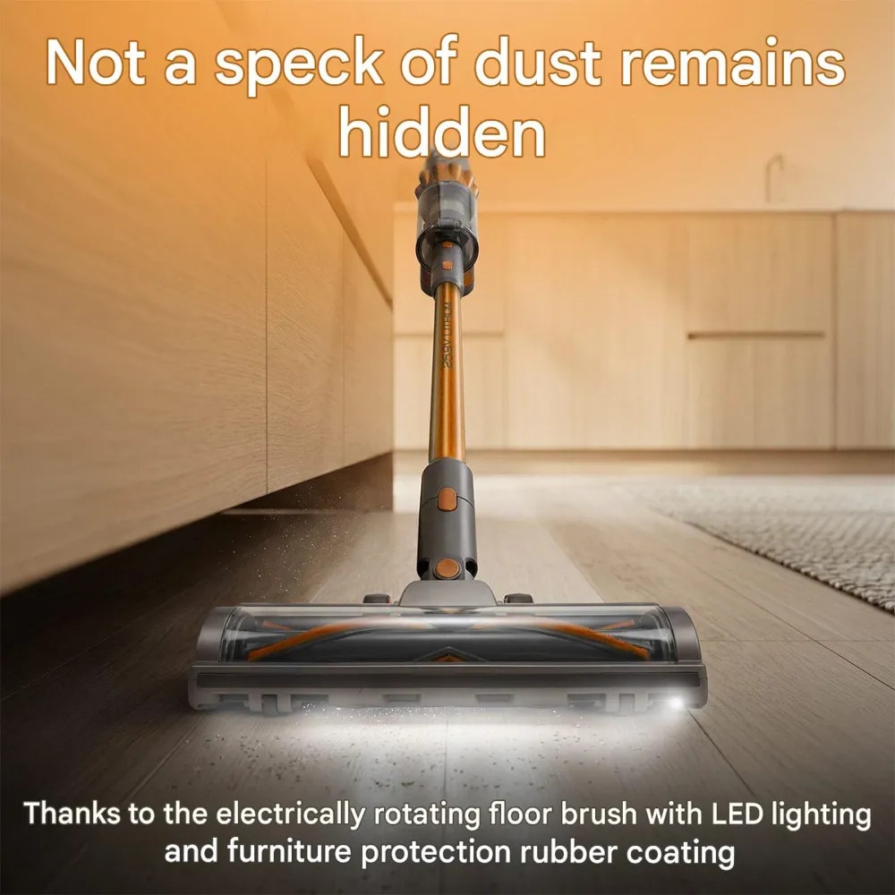 Aspirator 2in1 vertical si de mana fara fir cu accesorii si iluminare LED PROFICARE, potrivit pentru toate suprafetele, tehnologie Eco-Cyclon Twin-Spin, motor BLDC 105.000 rpm, sistem din otel inoxidabil cu filtru HEPA, baterie Li-ion 2500 mAh, portocaliu