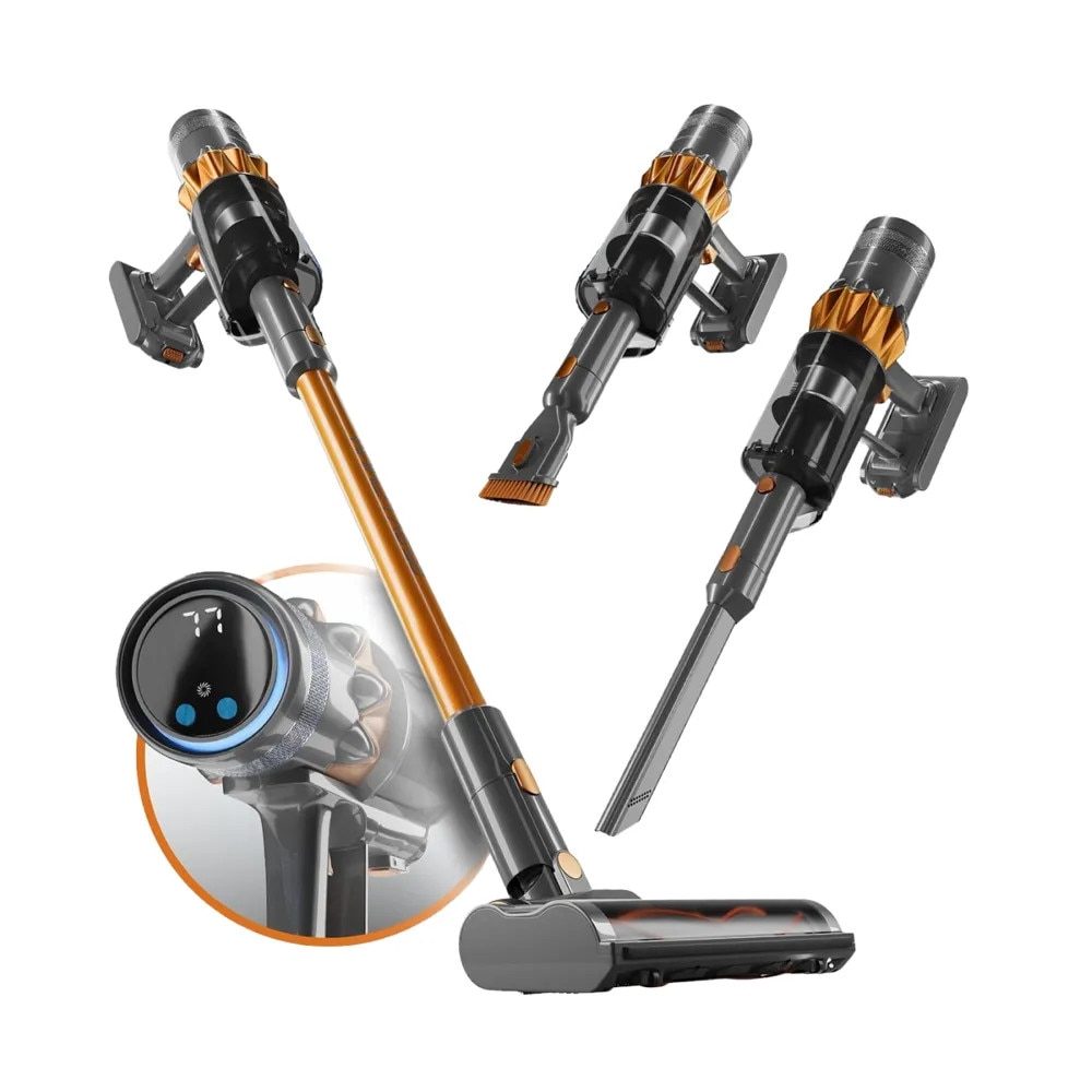 Aspirator 2in1 vertical si de mana fara fir cu accesorii si iluminare LED PROFICARE, potrivit pentru toate suprafetele, tehnologie Eco-Cyclon Twin-Spin, motor BLDC 105.000 rpm, sistem din otel inoxidabil cu filtru HEPA, baterie Li-ion 2500 mAh, portocaliu