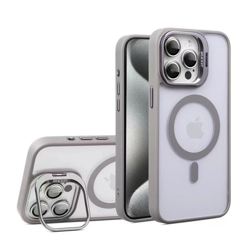 Husa telefon MagSafe compatibila cu iPhone 15, panou din acril, material TPU, cu suport, set cu lentila telefon gri