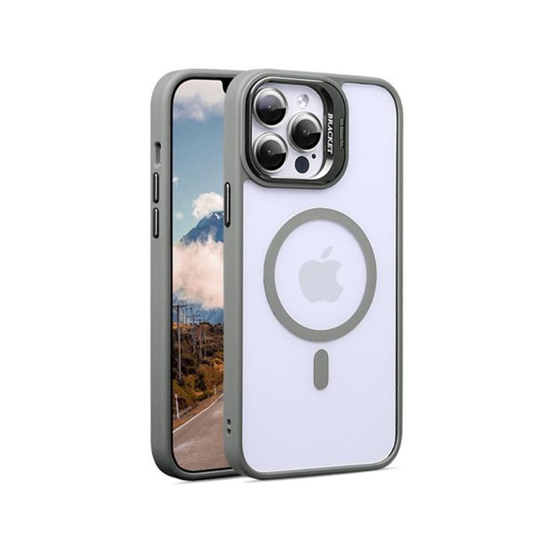 Husa telefon MagSafe compatibila cu iPhone 15, panou din acril, material TPU, cu suport, set cu lentila telefon gri
