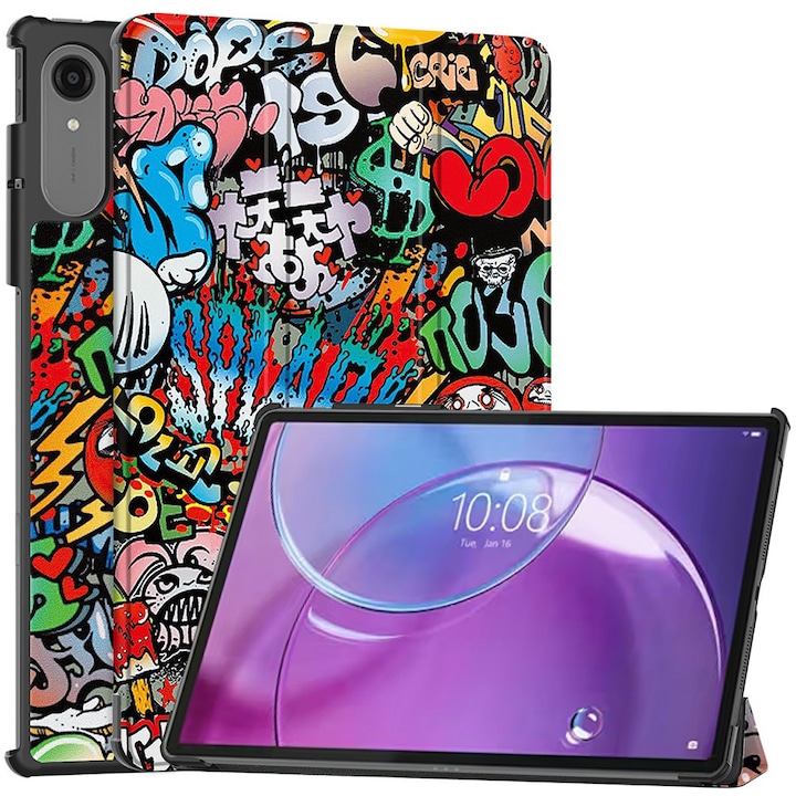 Husa pentru Lenovo Idea Tab Pro Gen 2 Comari® EliteCover, protectie 360°, piele ecologica, bumper rigid, stand tri-fold, Graffiti