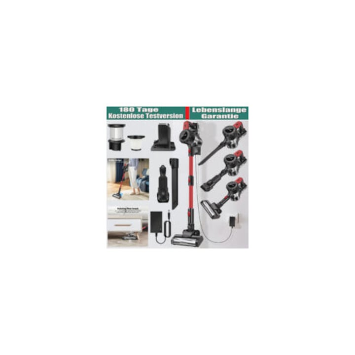 Aspirator fara fir, 6000 W, 30 kPa, sistem de filtrare 5 trepte, cu suport de incarcare pe perete, set complet