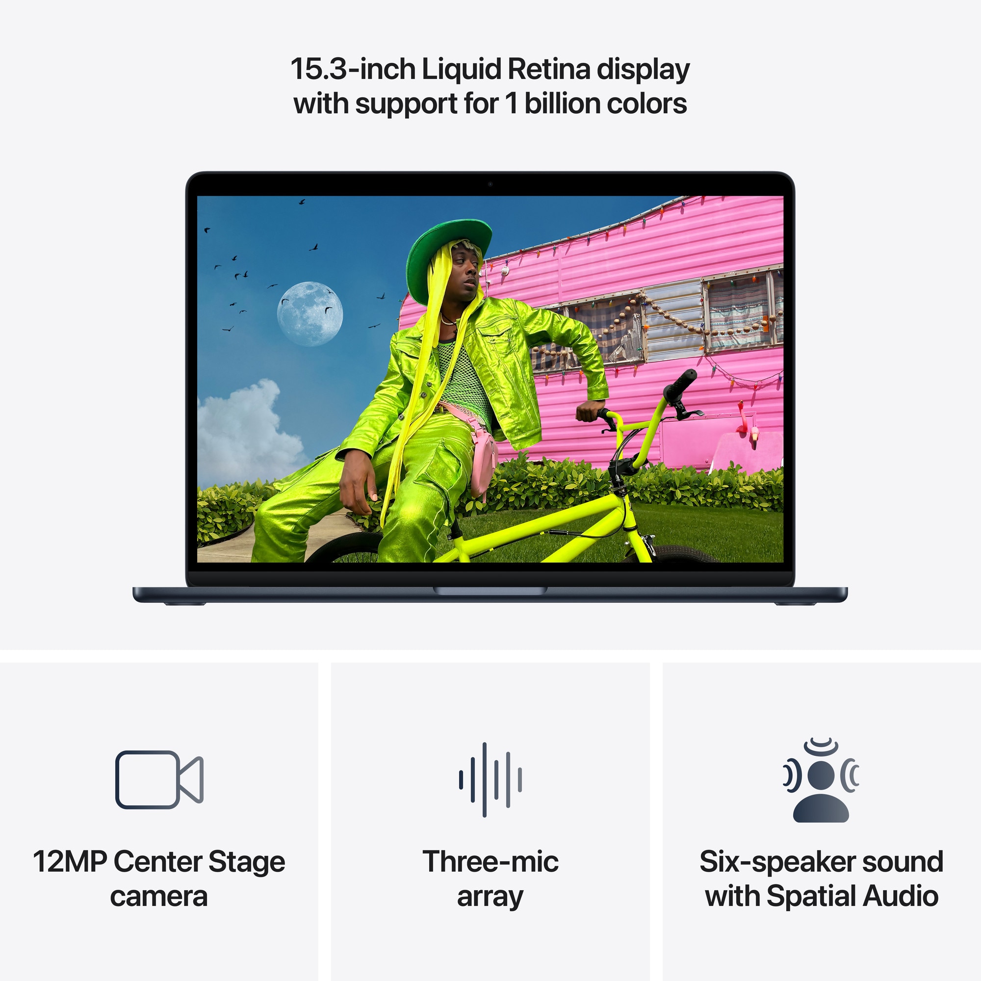 RESIGILAT: Apple MacBook Air 15'' cu procesor Apple M5, 10 nuclee CPU, 10 nuclee GPU, 16GB RAM, 512GB SSD, Midnight, Tastatura Internationala, Manual RO