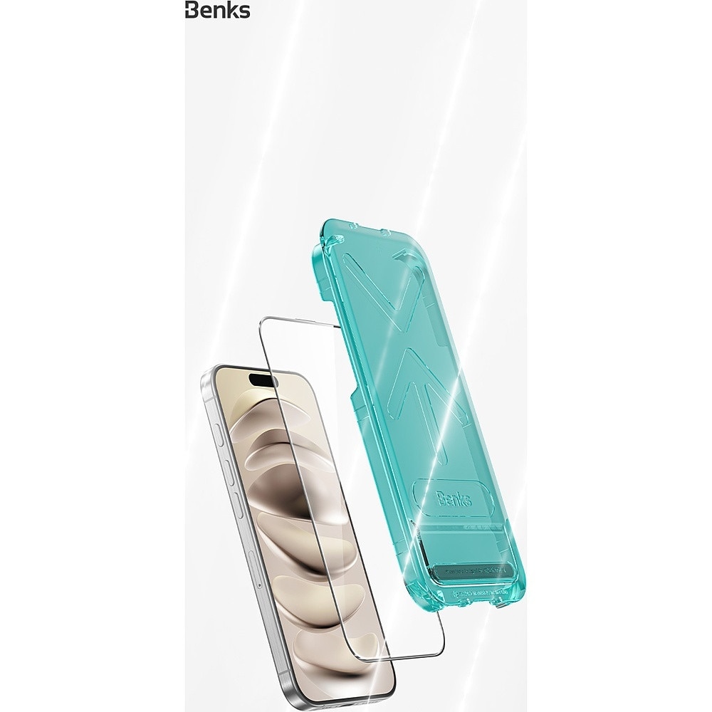 Folie protectie sticla securizata Benks Glass Warrior Screen Protector, Kit montare inclus, compatibila cu iPhone 16 Pro, Negru