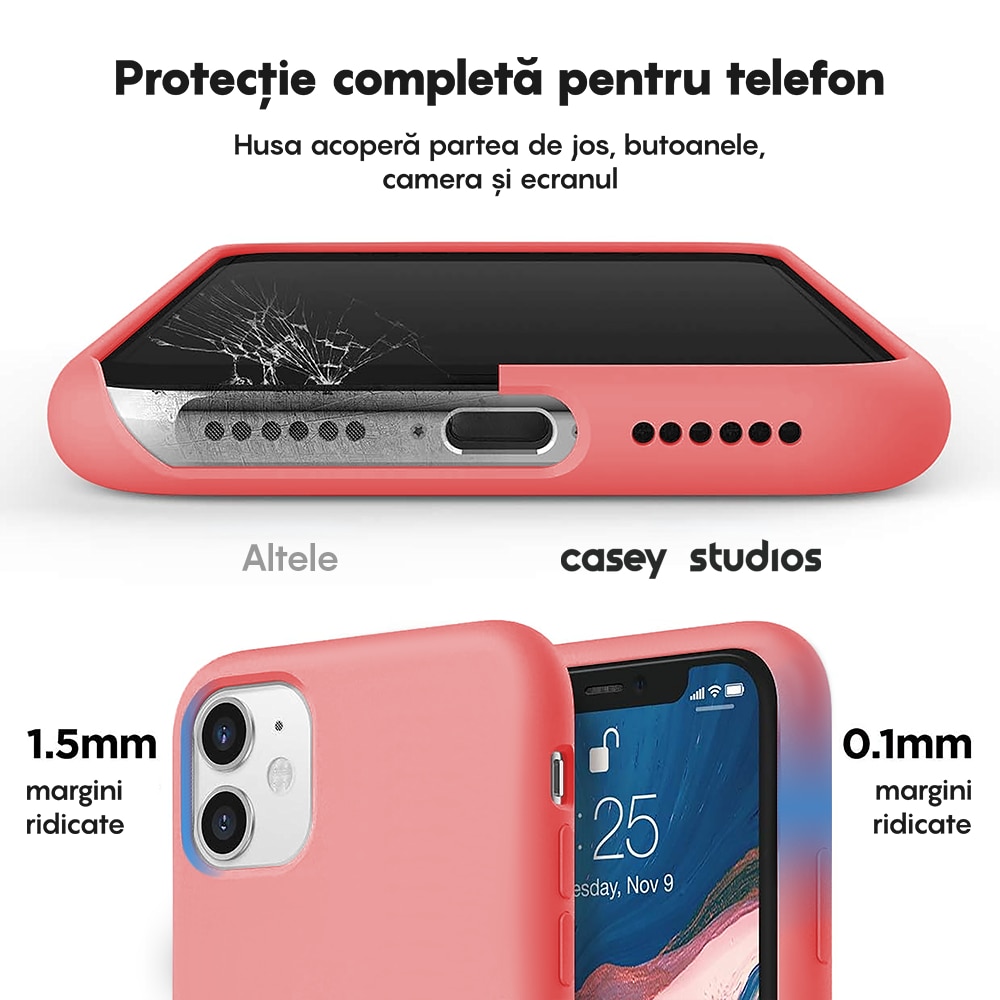 Husa CASEY STUDIOS™ compatibila cu iPhone 11, Soft Silicone Premium, Microfibra in Interior, Roz, de Protectie, Ultra Slim, pentru Incarcare Wireless, Margini Ridicate de Protectia Ecranului si a Camerelor