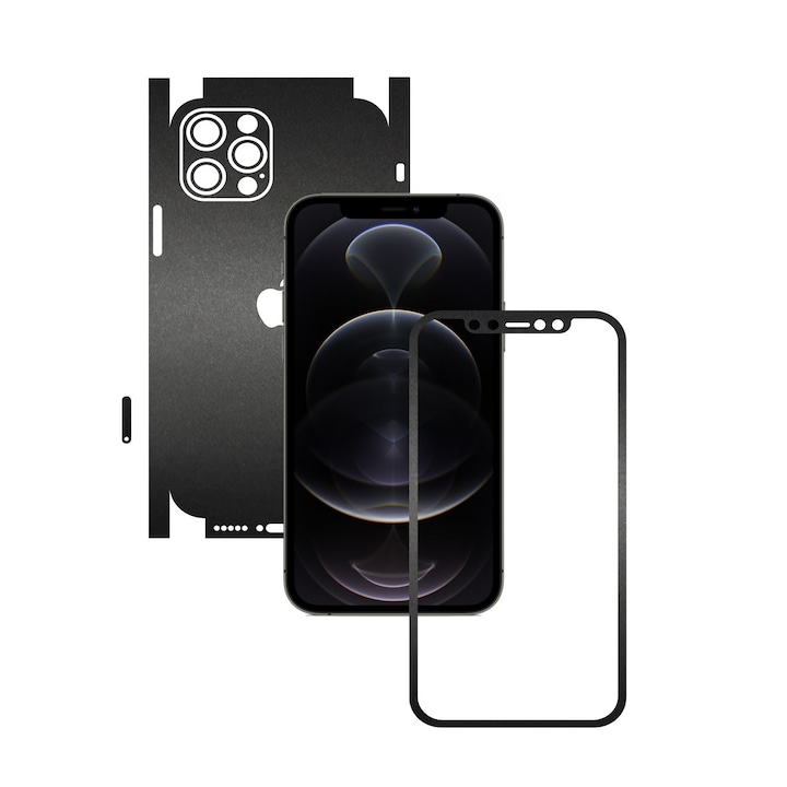 Folie Protectie Carbon Skinz pentru Apple iPhone 12 Pro Max - Negru Mat 360 Cut, Skin Adeziv Full Body Cover pentru Rama Ecran, Carcasa Spate si Laterale