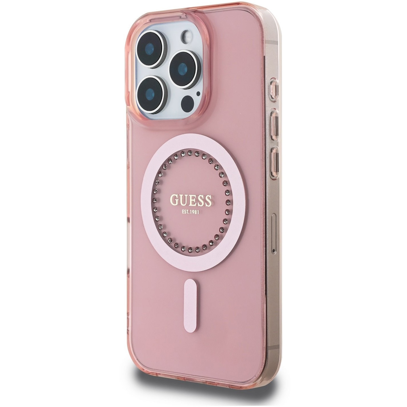 Husa de protectie Guess IML Rhinestones Ring MagSafe pentru iPhone 16 Pro Max, Roz