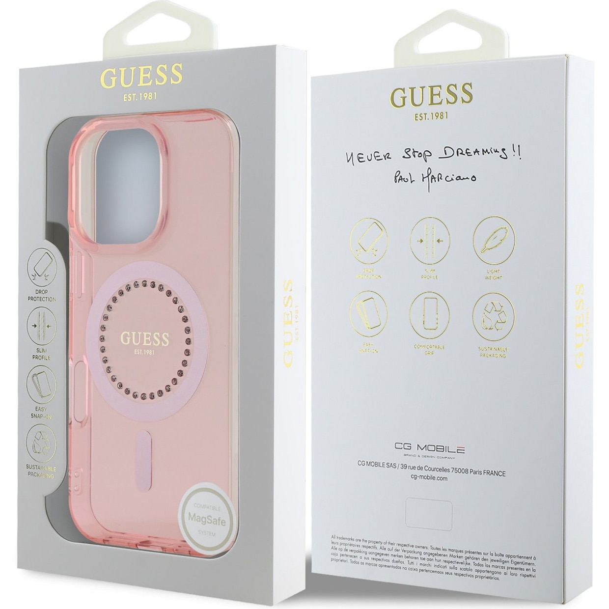Husa de protectie Guess IML Rhinestones Ring MagSafe pentru iPhone 16 Pro Max, Roz