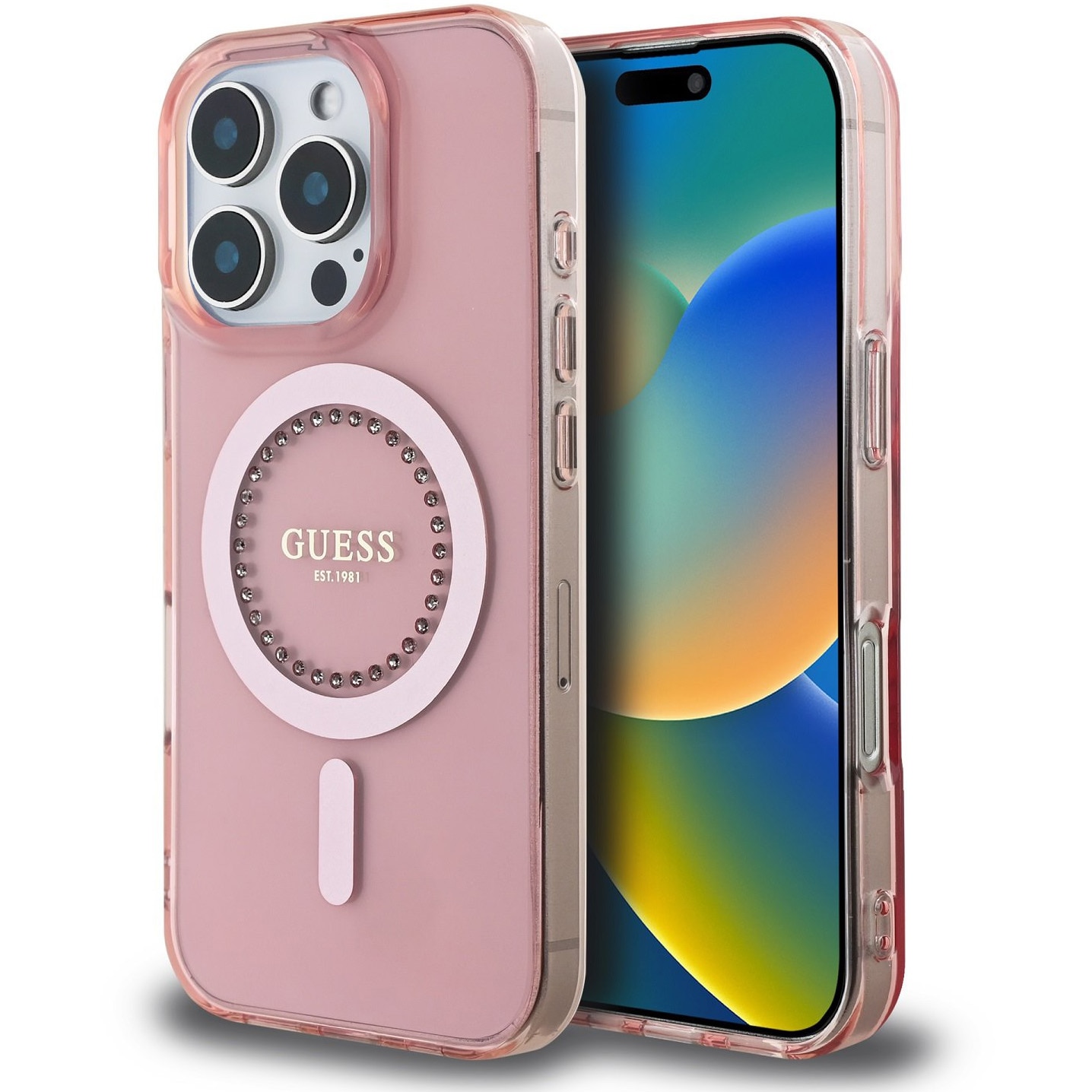 Husa de protectie Guess IML Rhinestones Ring MagSafe pentru iPhone 16 Pro Max, Roz