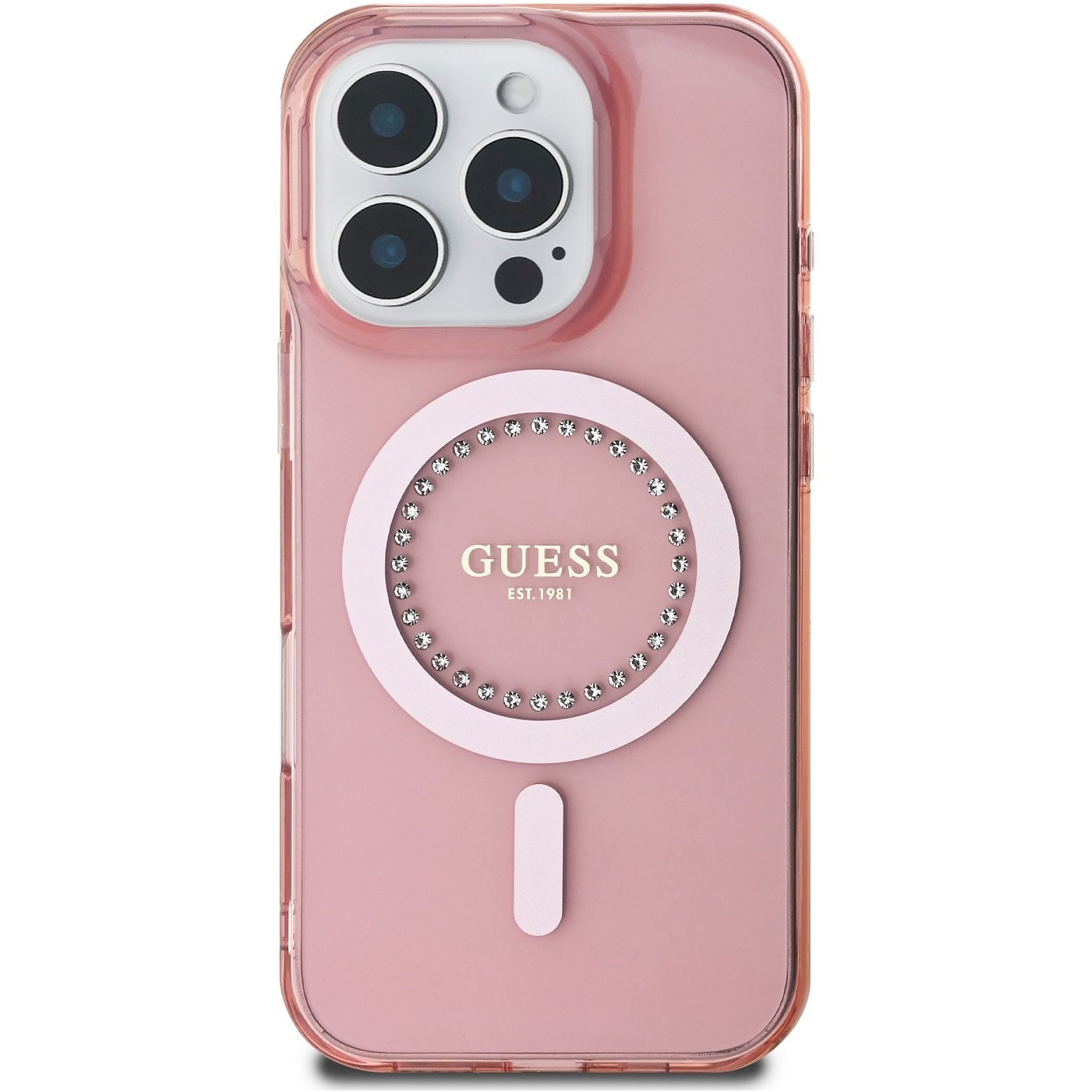 Husa de protectie Guess IML Rhinestones Ring MagSafe pentru iPhone 16 Pro Max, Roz