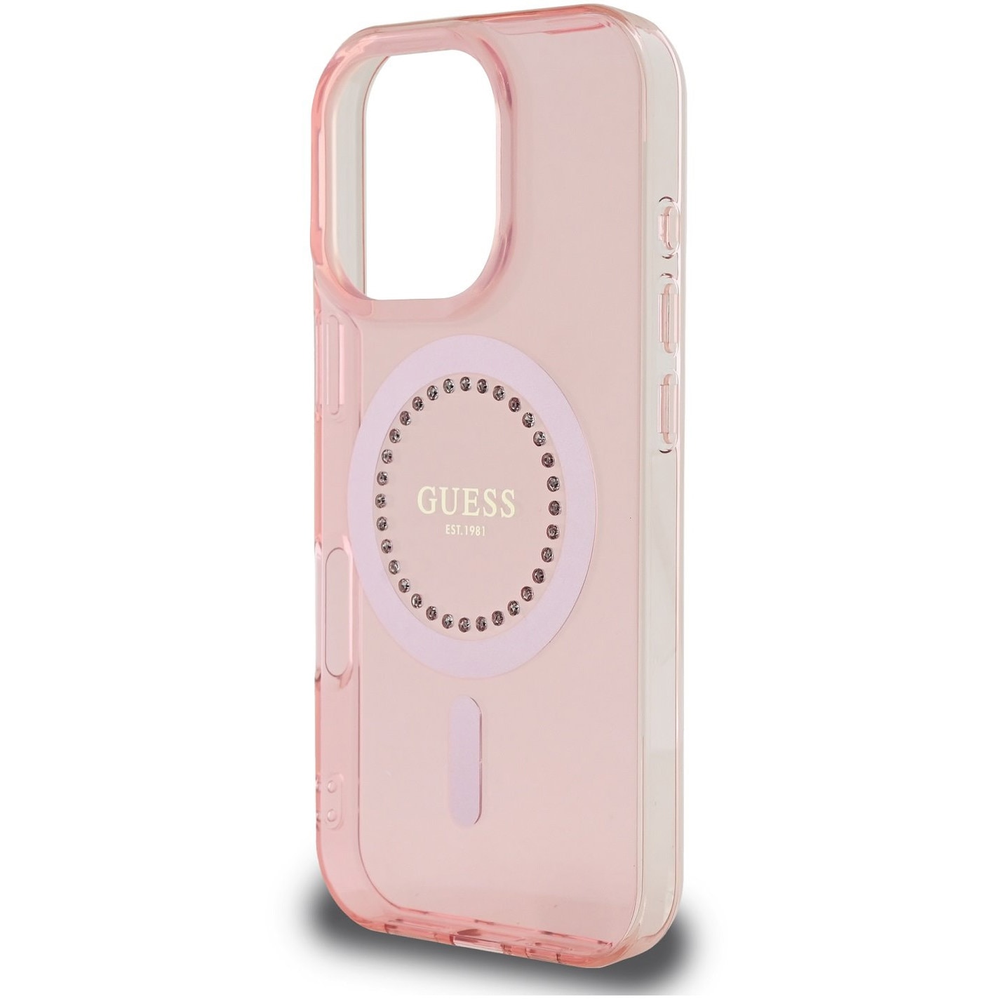 Husa de protectie Guess IML Rhinestones Ring MagSafe pentru iPhone 16 Pro Max, Roz