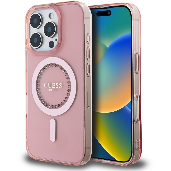 Husa de protectie Guess IML Rhinestones Ring MagSafe pentru iPhone 16 Pro Max, Roz