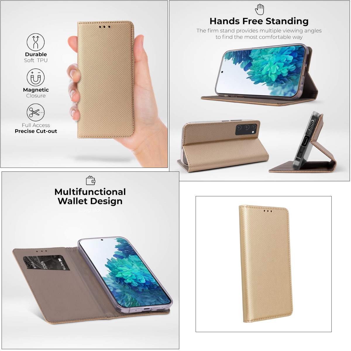 Husa tip carte, compatibila cu Xiaomi Redmi 13c 4G / 13c 5G, premium flip book cu inchidere magnetica si functie stand, buzunar card, auriu Auriu Flip cover