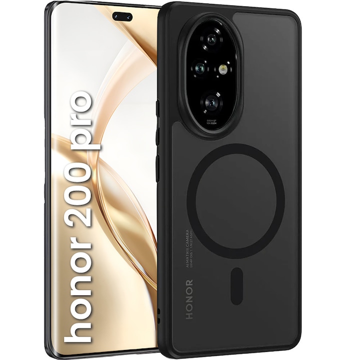 Husa telefon Honor 200 Pro, ERBORD, hibrida, negru, cu suport MagSafe, set cu sticla securizata