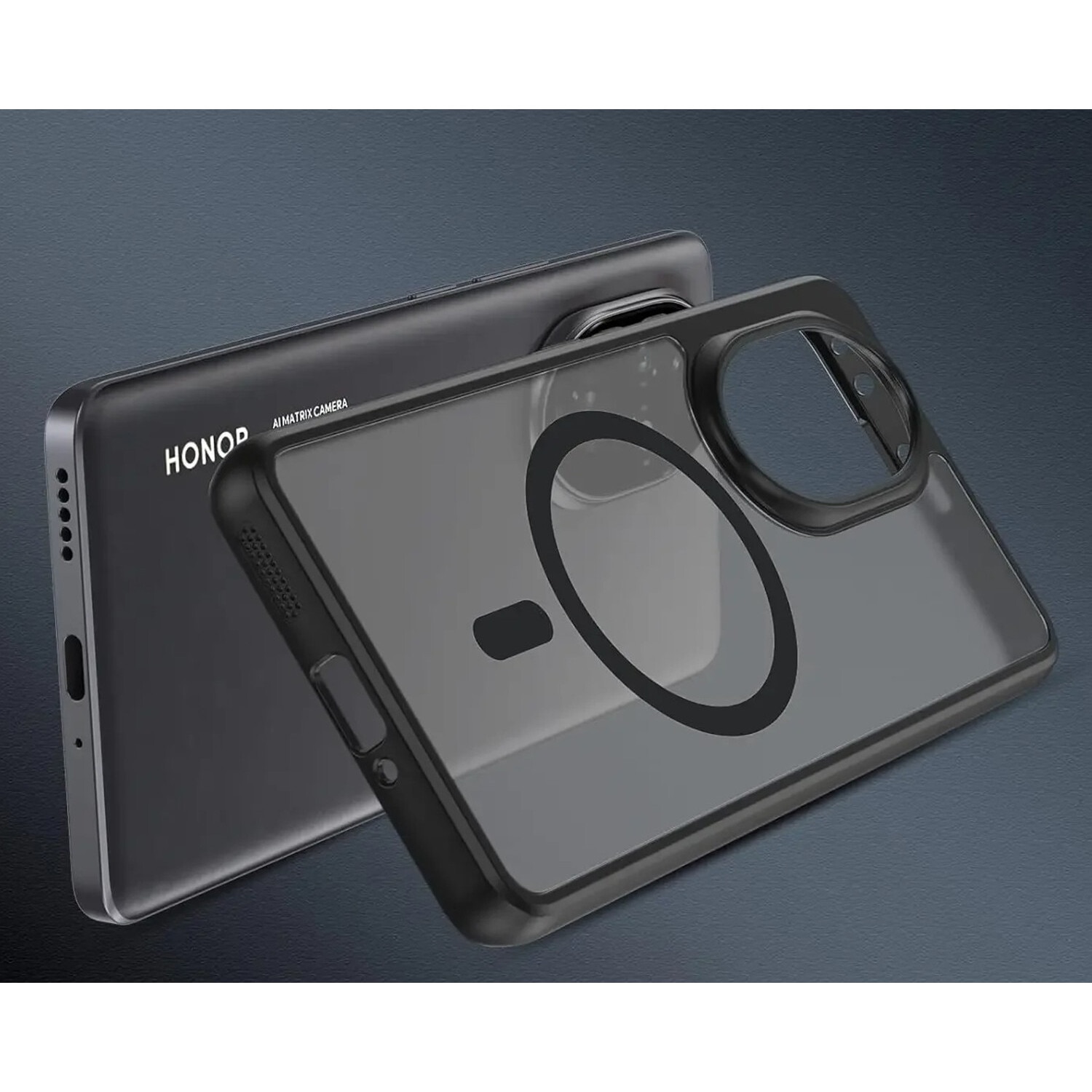 Husa telefon Honor 200 Pro, ERBORD, hibrida, negru, cu suport MagSafe, set cu sticla securizata