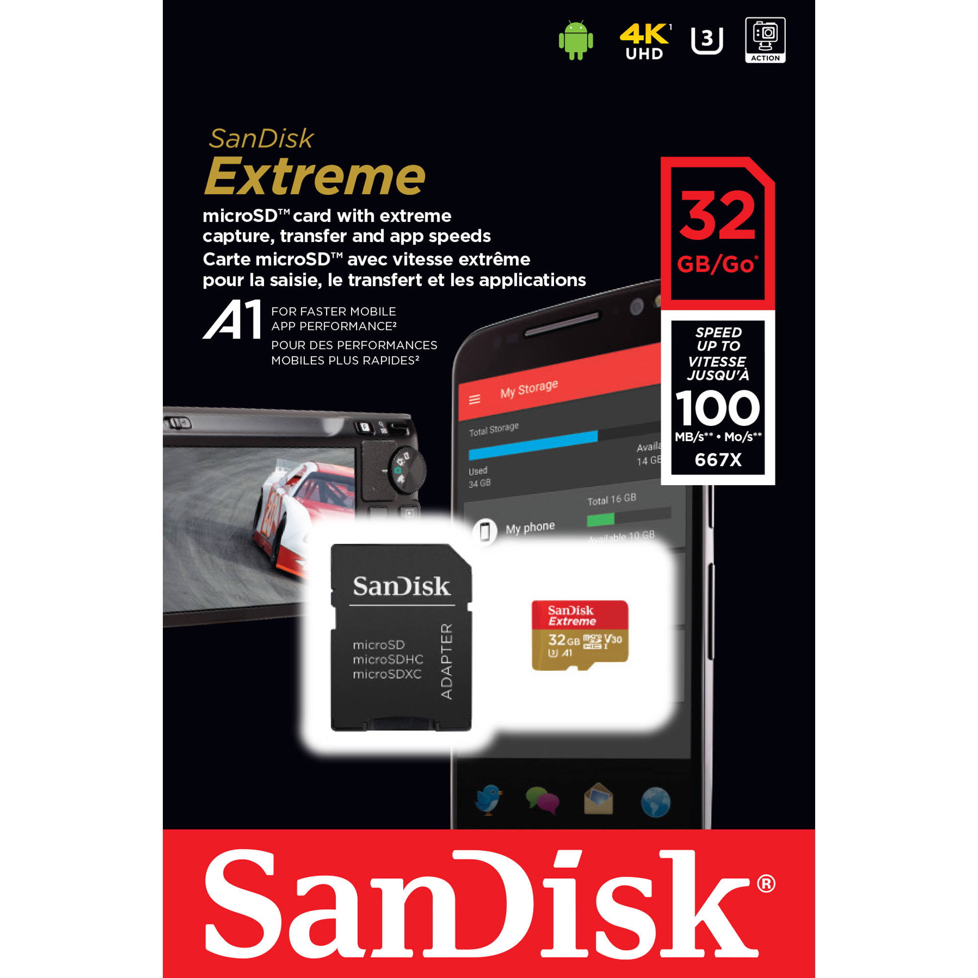 Card de memorie Sandisk microSDHC Extreme, SDSQXAF-032G-GN6MA, 32GB, Clasa 10, 100MB/s, cu adaptor