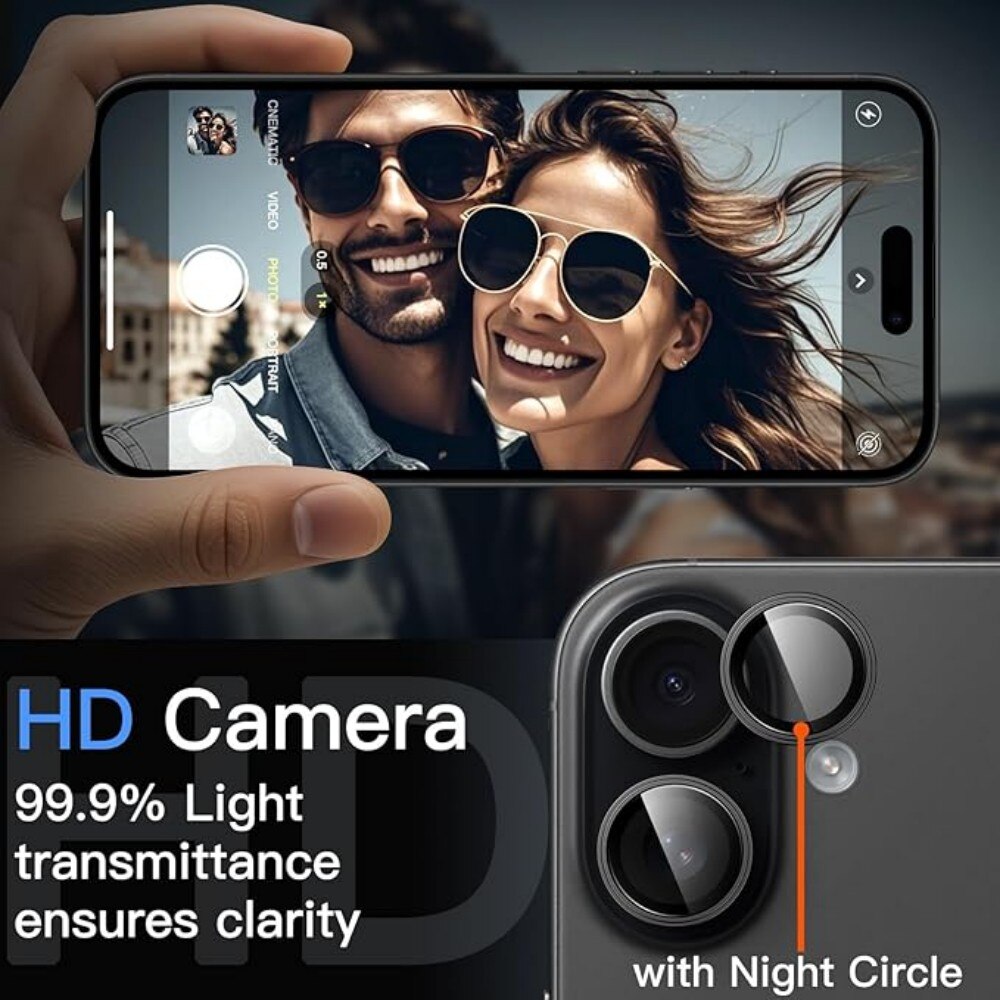 Folie Protectie Lentila Camera Aspect pentru iPhone 16, Sticla Temperata 9H Intarita Chimic AR Anti-Reflexie, Adsorbtie Electrostatica, Potrivire Fara Cusaturi, Impermeabila Anti-Socuri Anti-Zgarieturi, Negru