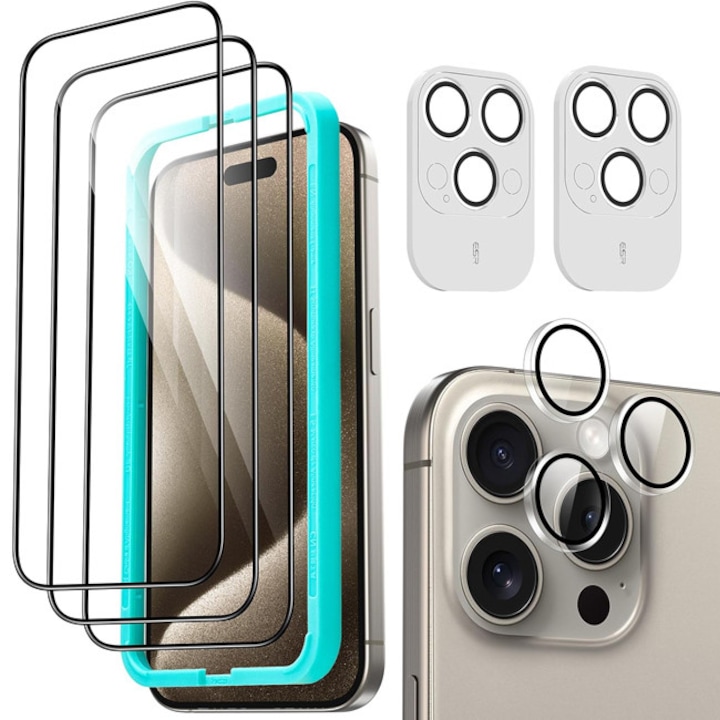 Folii protectie telefoane, ESR, set (3+2) Folii de sticla securizata Full Cover + Lentile camera clare, transparent, pentru iPhone 15 Pro
