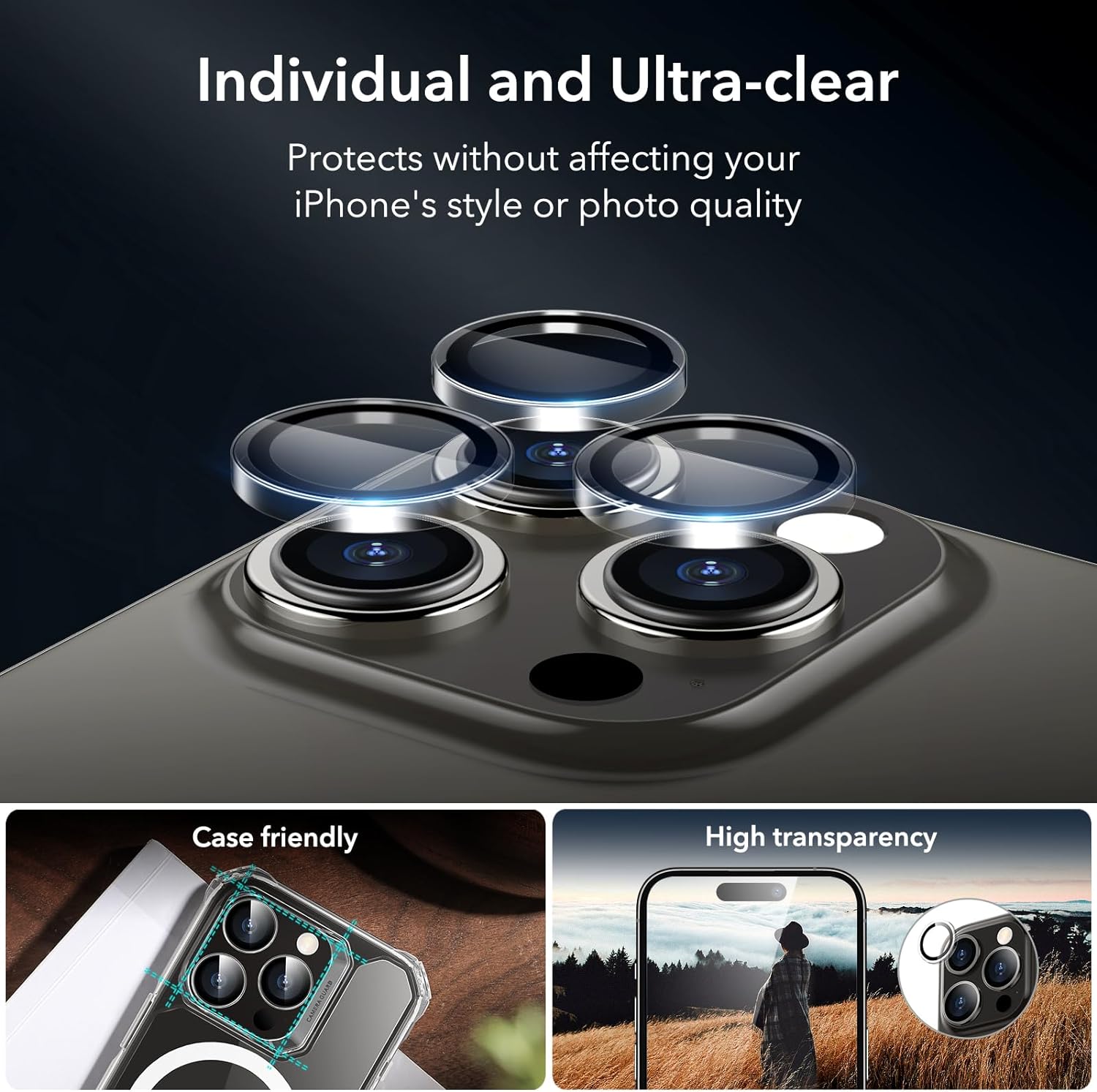 Folii protectie telefoane, ESR, set (3+2) Folii de sticla securizata Full Cover + Lentile camera clare, transparent, pentru iPhone 15 Pro