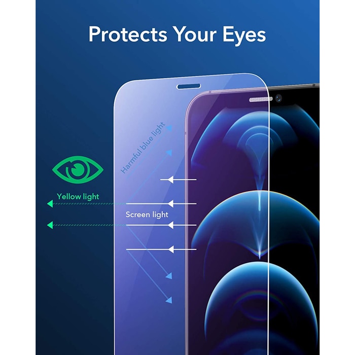 Folii protectie telefoane, ESR, Anti Blue Light, sticla temperata, iPhone 12/12 Pro, cu cadru pentru instalare usoara
