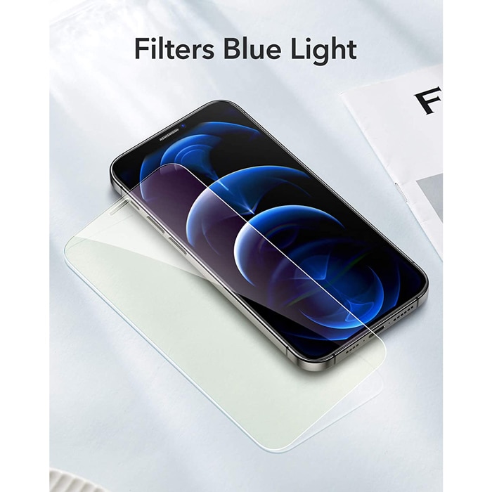 Folii protectie telefoane, ESR, Anti Blue Light, sticla temperata, iPhone 12/12 Pro, cu cadru pentru instalare usoara