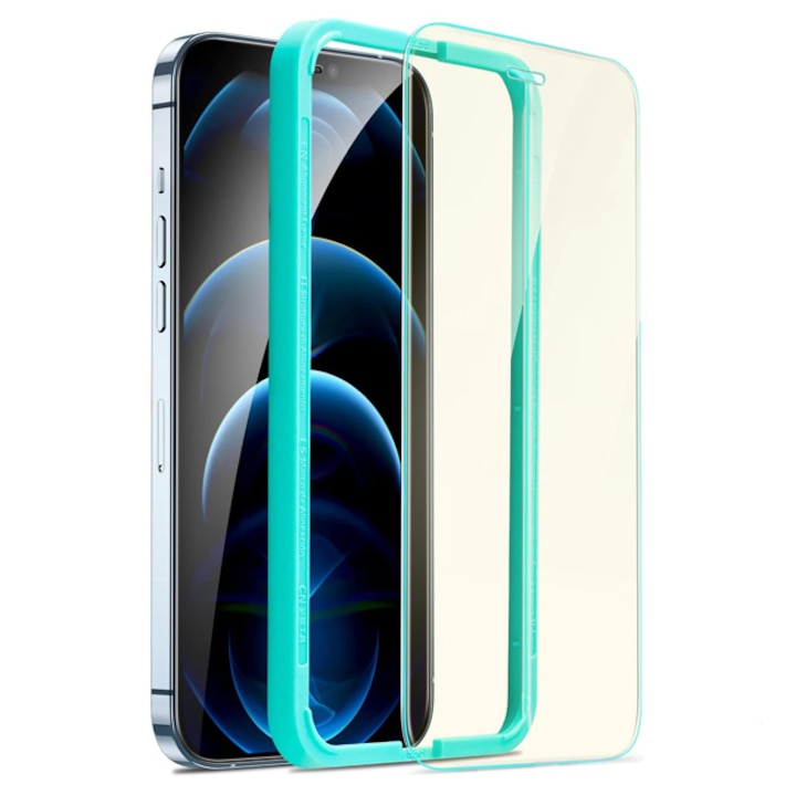Folii protectie telefoane, ESR, Anti Blue Light, sticla temperata, iPhone 12/12 Pro, cu cadru pentru instalare usoara