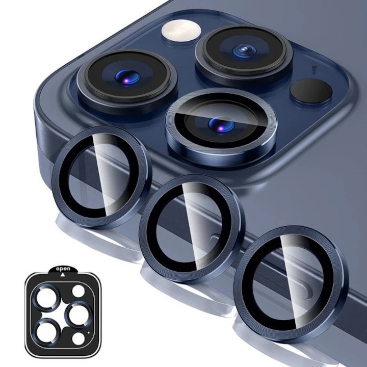 Folii protectie telefoane Orso, sticla securizata pentru camera, 0,15mm, iPhone 15 Pro/15 Pro Max, albastru