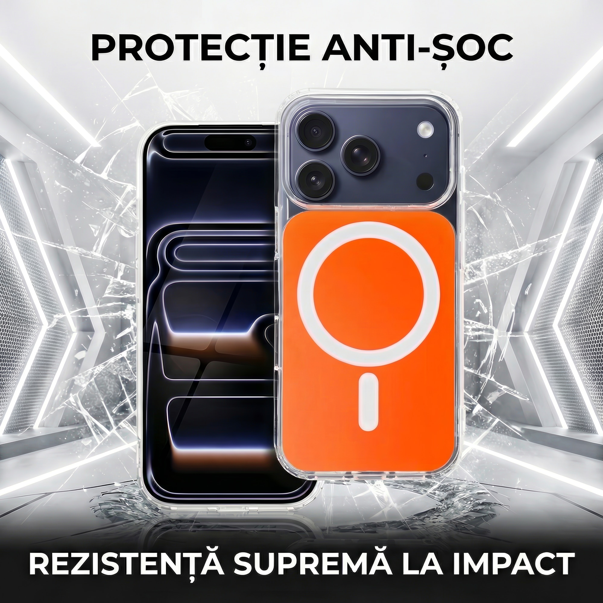 Husa compatibil cu iPhone 17 Pro Max Clear Daden Fusion MagCover, Compatibila MagSafe, Protectie Camera, Antisoc, Transparent cu spate portocaliu