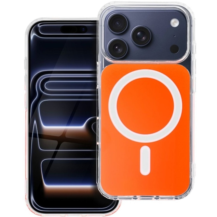 Husa compatibil cu iPhone 17 Pro Max Clear Daden Fusion MagCover, Compatibila MagSafe, Protectie Camera, Antisoc, Transparent cu spate portocaliu