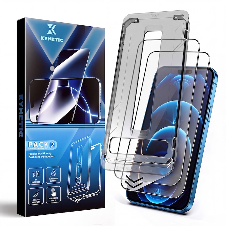 Set de 2 Folii protectie pentru iPhone 18 Pro, Kynetic®, sticla temperata, tehnologie automata de eliminare a prafului, advanced touch sensitivity, acoperire oleofoba, anti-amprente, 6.3 inch, Claritate FullHD