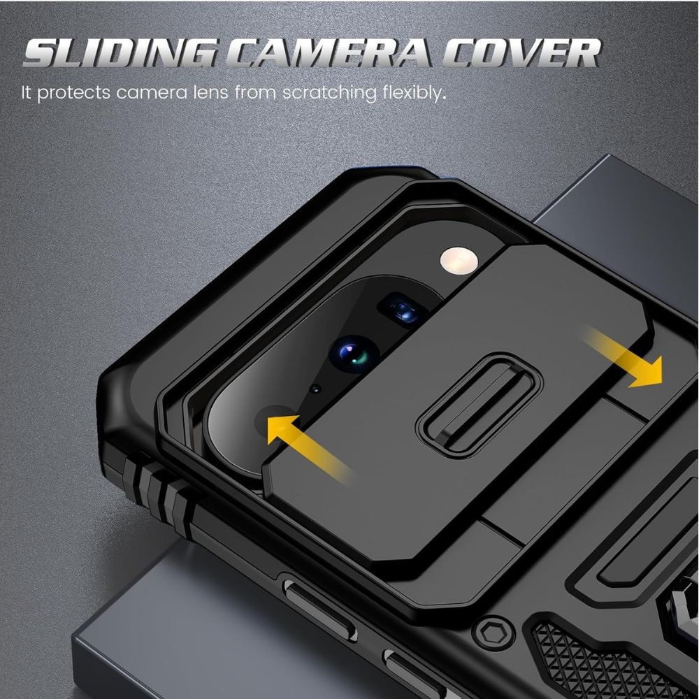 Husa Defender Slide, pentru Google Pixel 10 / 10 Pro, Camera Shield, Inel rotativ, Suport stand magnetic, Negru