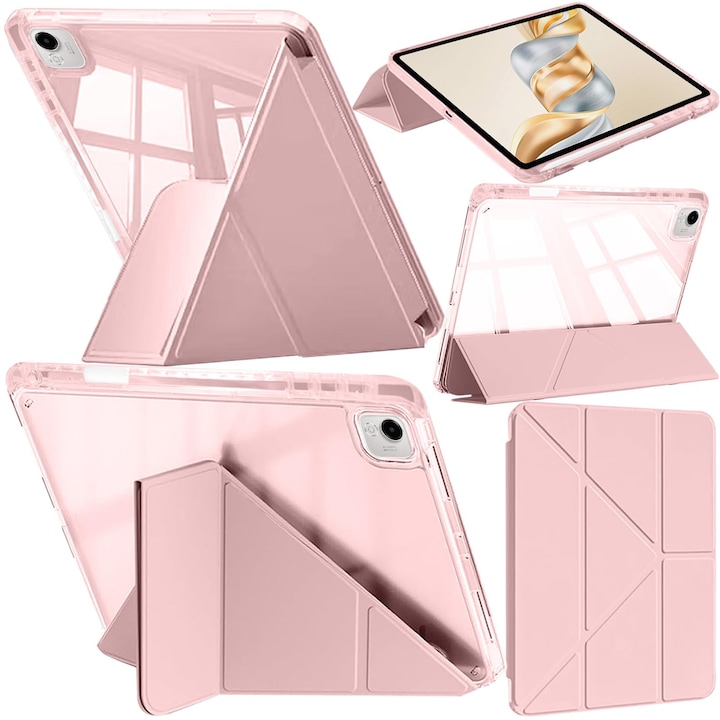 Husa tableta, pentru Honor Pad X9a 11.5 Inch, Triple Fold in forma de Y Design, Multi unghi, Capac de piele pentru tablete cu slot pentru stilou, Trezire automata / somn，Roz cald