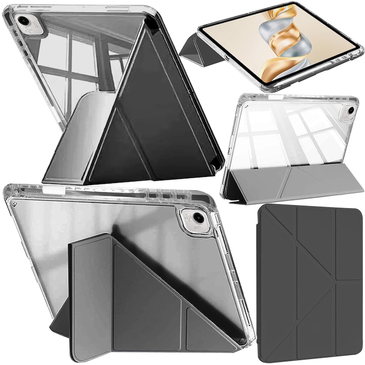Husa tableta, pentru Honor Pad X9a 11.5 Inch, Triple Fold in forma de Y Design, Multi unghi, Capac de piele pentru tablete cu slot pentru stilou, Trezire automata / somn，Negru, Transparent