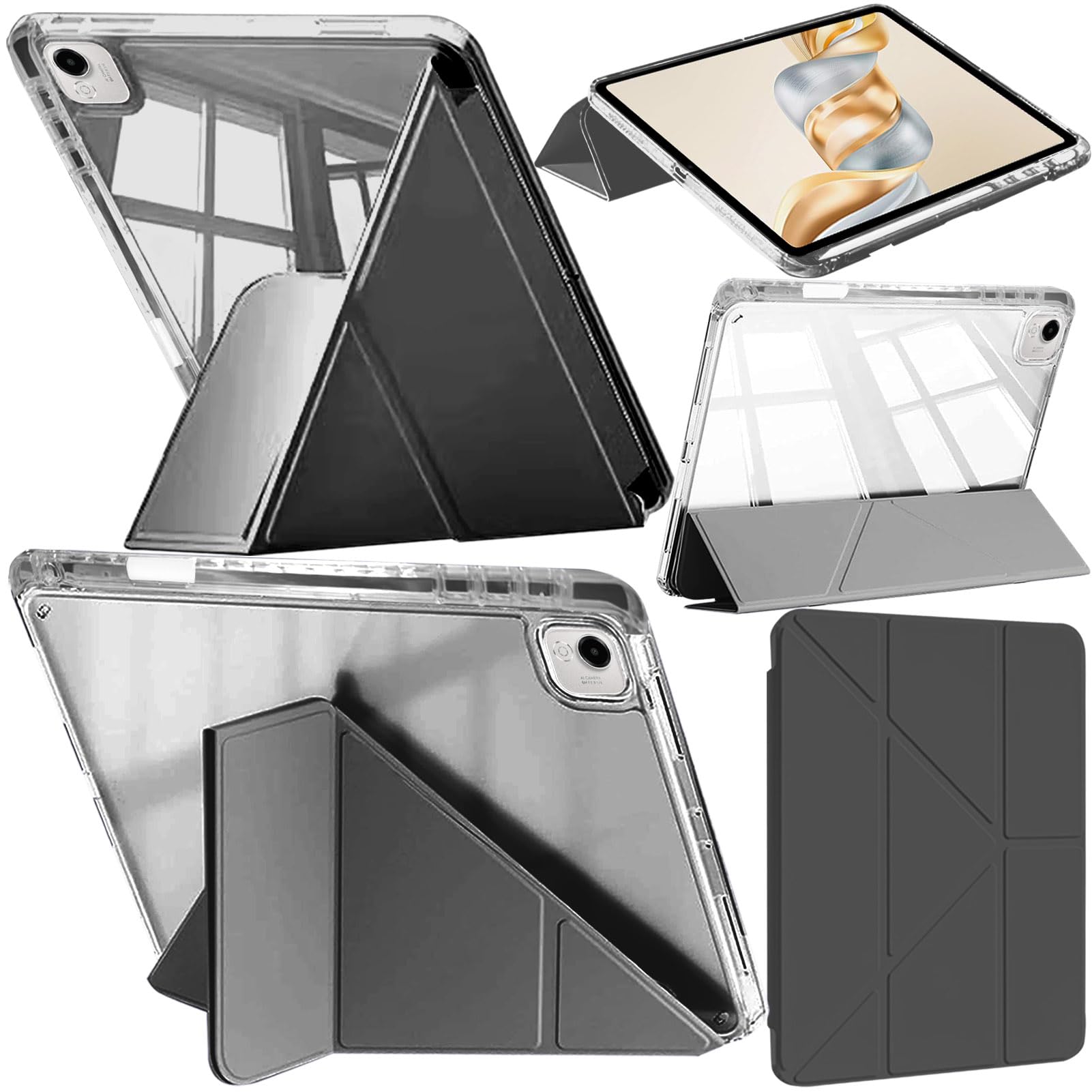 Husa tableta, pentru Honor Pad X9a 11.5 Inch, Triple Fold in forma de Y Design, Multi unghi, Capac de piele pentru tablete cu slot pentru stilou, Trezire automata / somn，Negru, Transparent