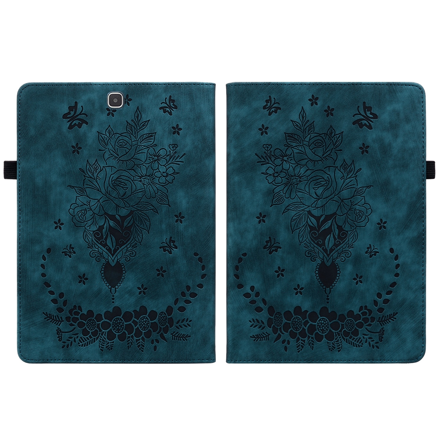 Husa tableta compatibila cu Samsung Galaxy Tab A9, piele gravata cu fluturi, inchidere magnetica, albastru inchis