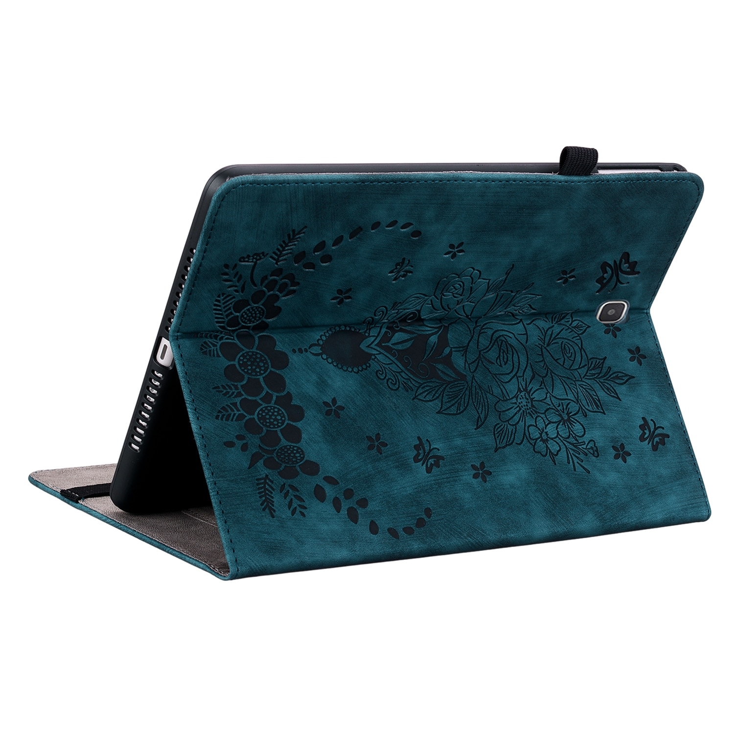 Husa tableta compatibila cu Samsung Galaxy Tab A9, piele gravata cu fluturi, inchidere magnetica, albastru inchis