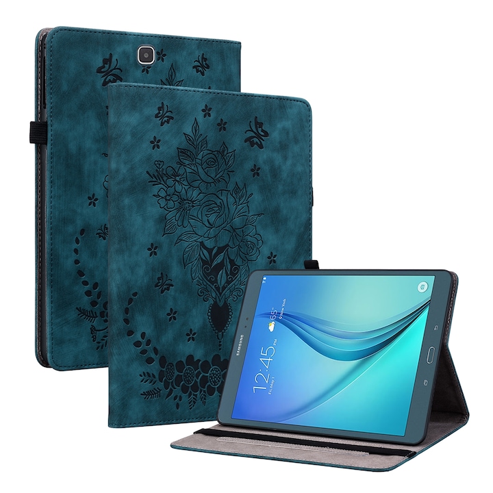 Husa tableta compatibila cu Samsung Galaxy Tab A9, piele gravata cu fluturi, inchidere magnetica, albastru inchis